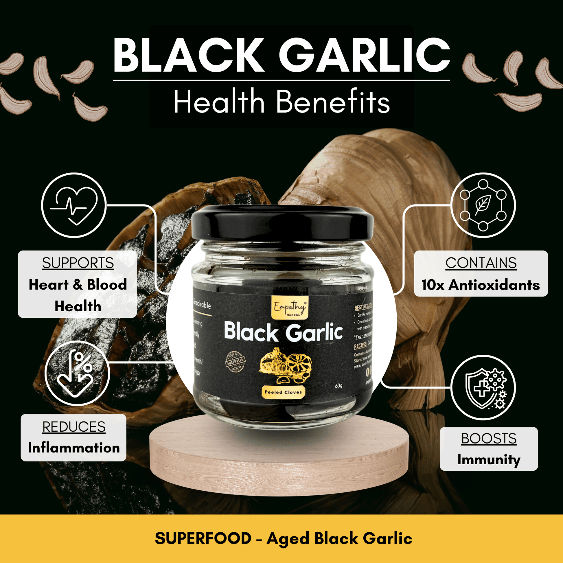 Jar of black garlic with health benefits displayed on a dark background