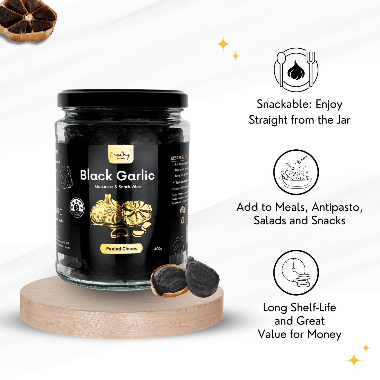 Jar of black garlic with how to use details on a white background