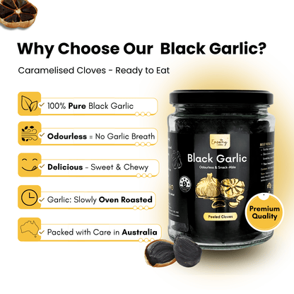 Jar of black garlic with text highlighting its qualities on a white background.