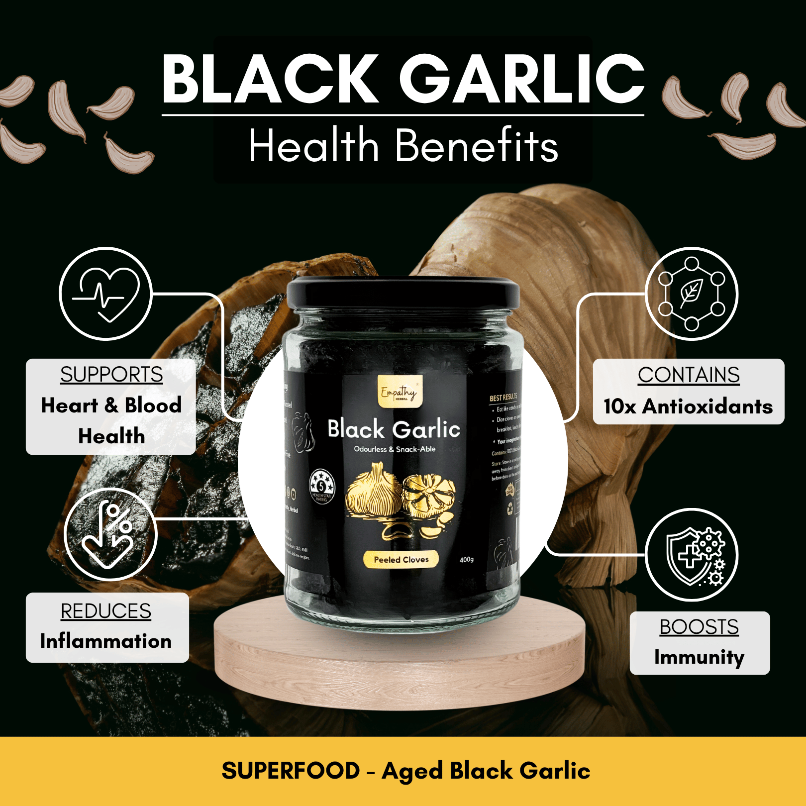 Jar of black garlic with health benefits displayed on a dark background