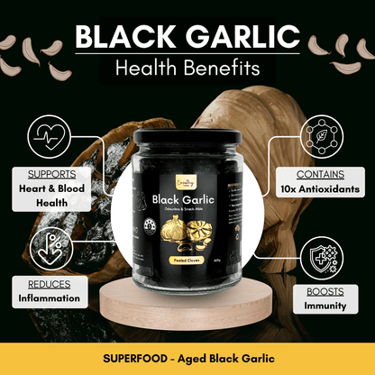 Jar of black garlic with health benefits displayed on a dark background