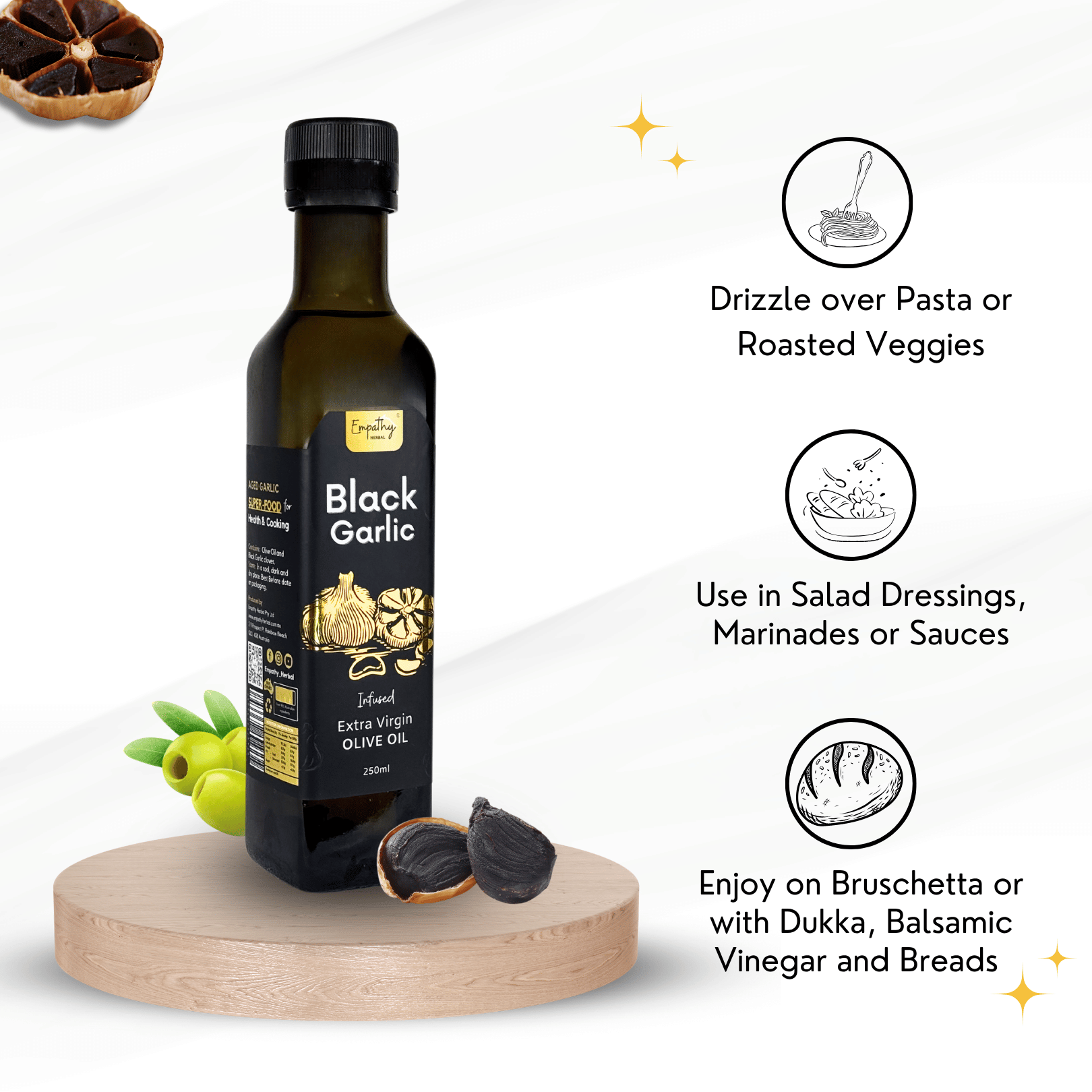 Bottle of Black Garlic Extra Virgin Olive Oil with usage tips on a white background