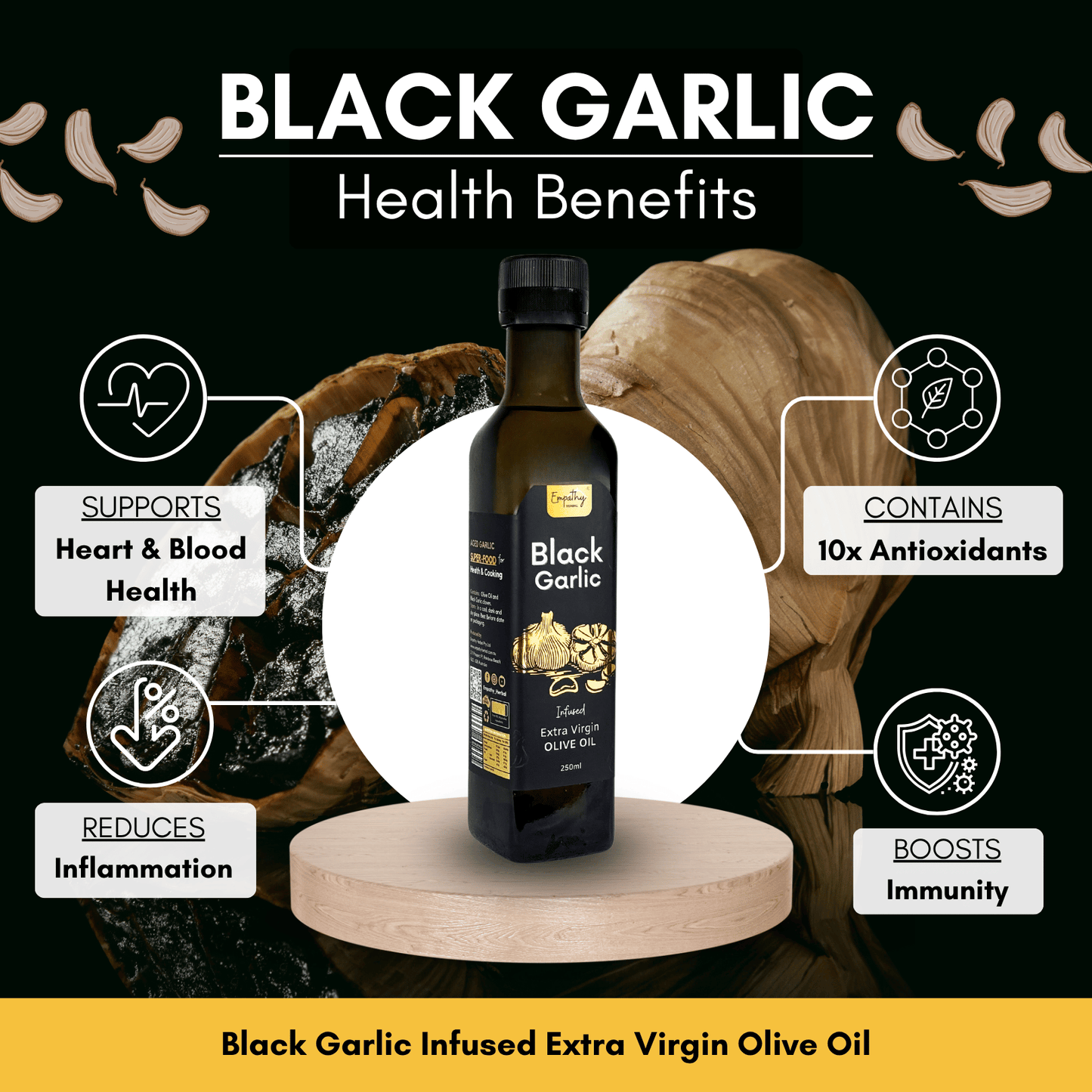 Black Garlic Infused Extra Virgin Olive Oil bottle with health benefits on a dark background