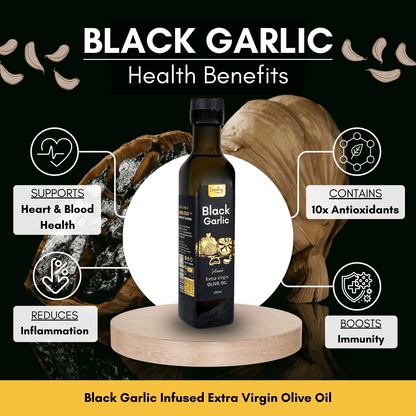 Black Garlic Infused Extra Virgin Olive Oil bottle with health benefits on a dark background