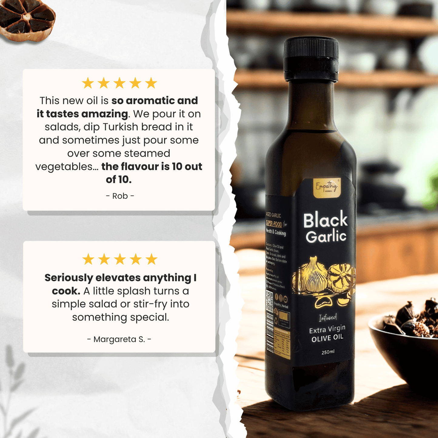 Bottle of Black Garlic olive oil with customer reviews on a kitchen background
