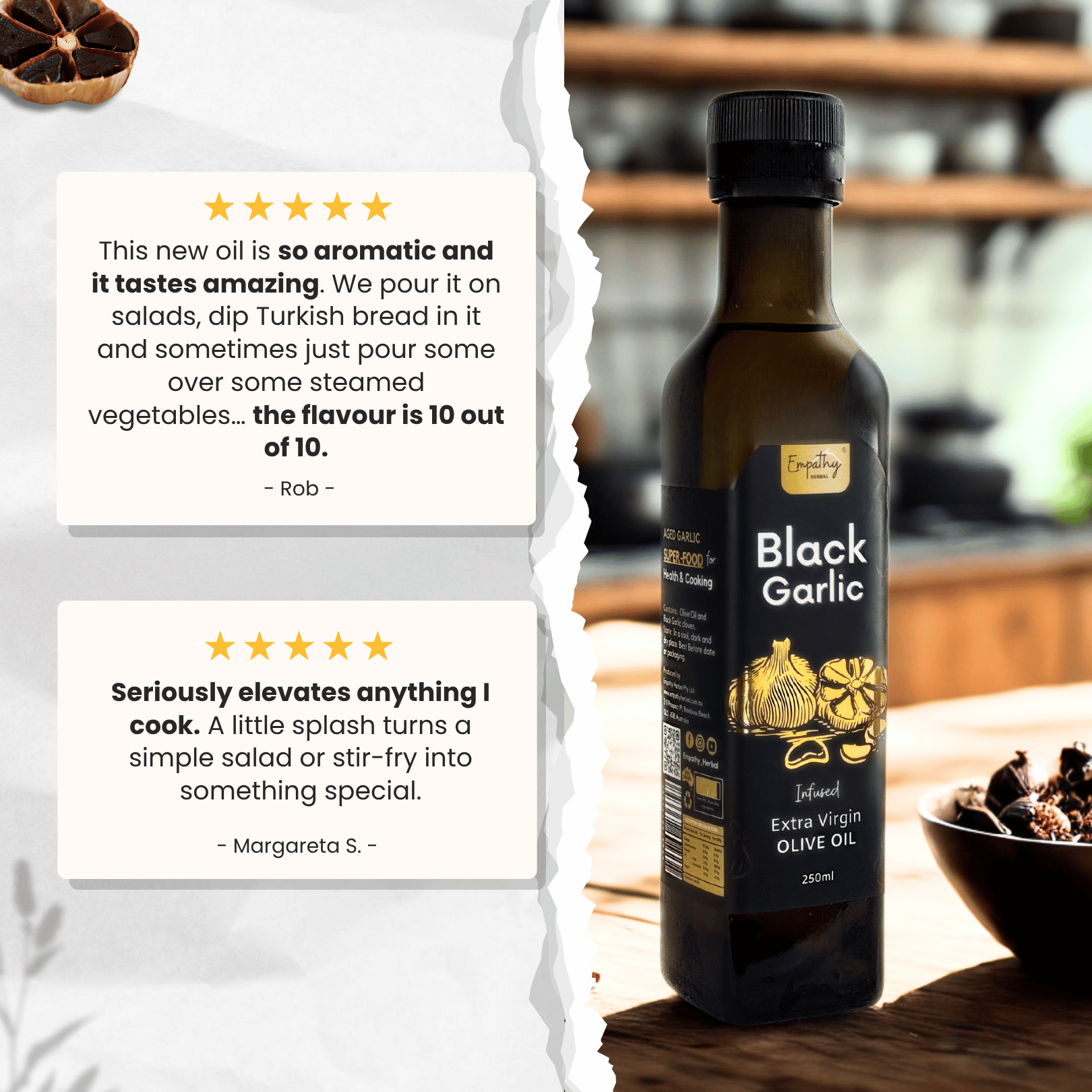 Bottle of Black Garlic olive oil with customer reviews on a kitchen background