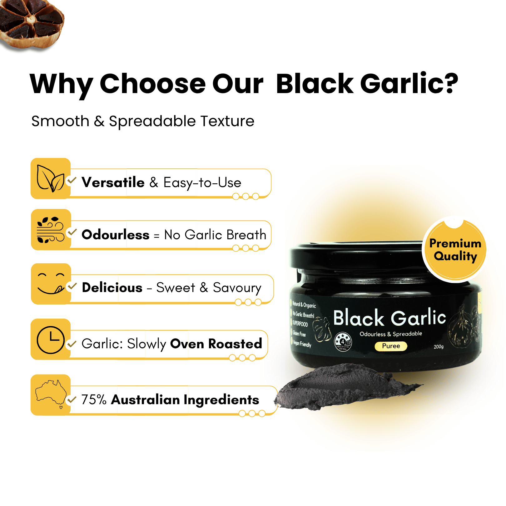 black garlic puree with text highlighting its features on a white background.