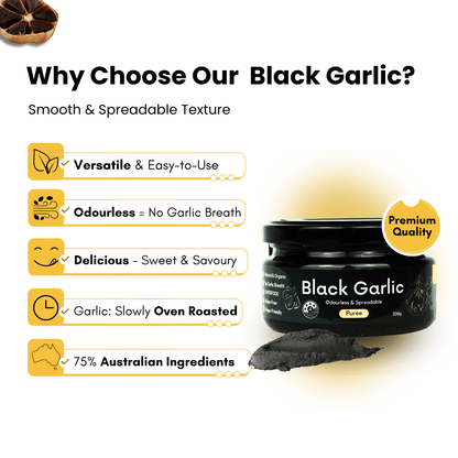 black garlic puree with text highlighting its features on a white background.