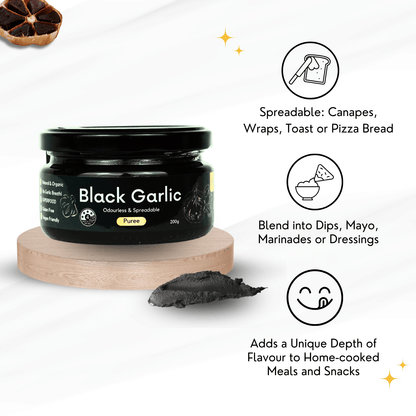 Black garlic puree jar with usage instructions on a white background