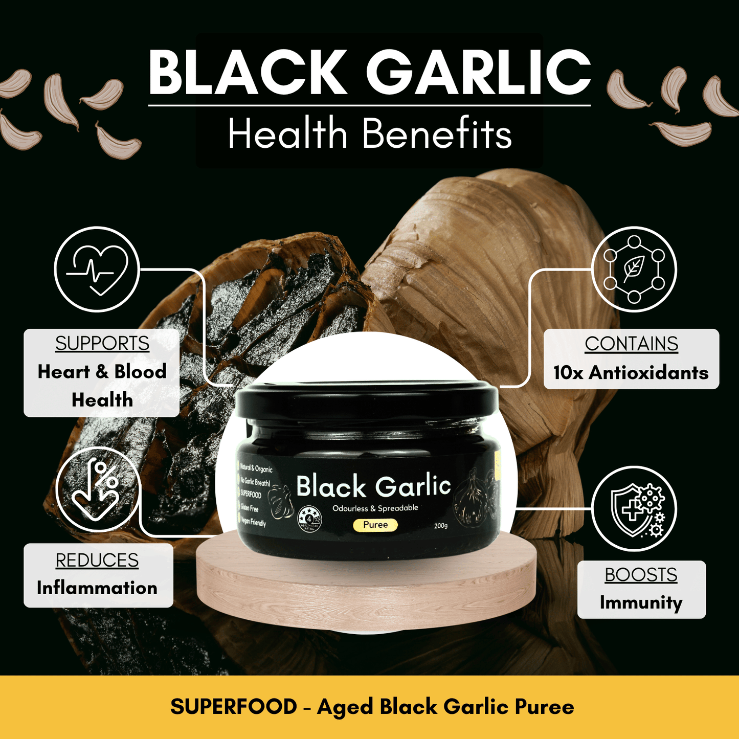 Black Garlic Puree container with health benefits text on a dark background