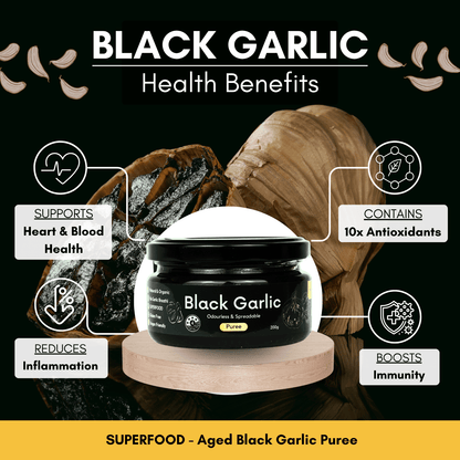 Black Garlic Puree container with health benefits text on a dark background