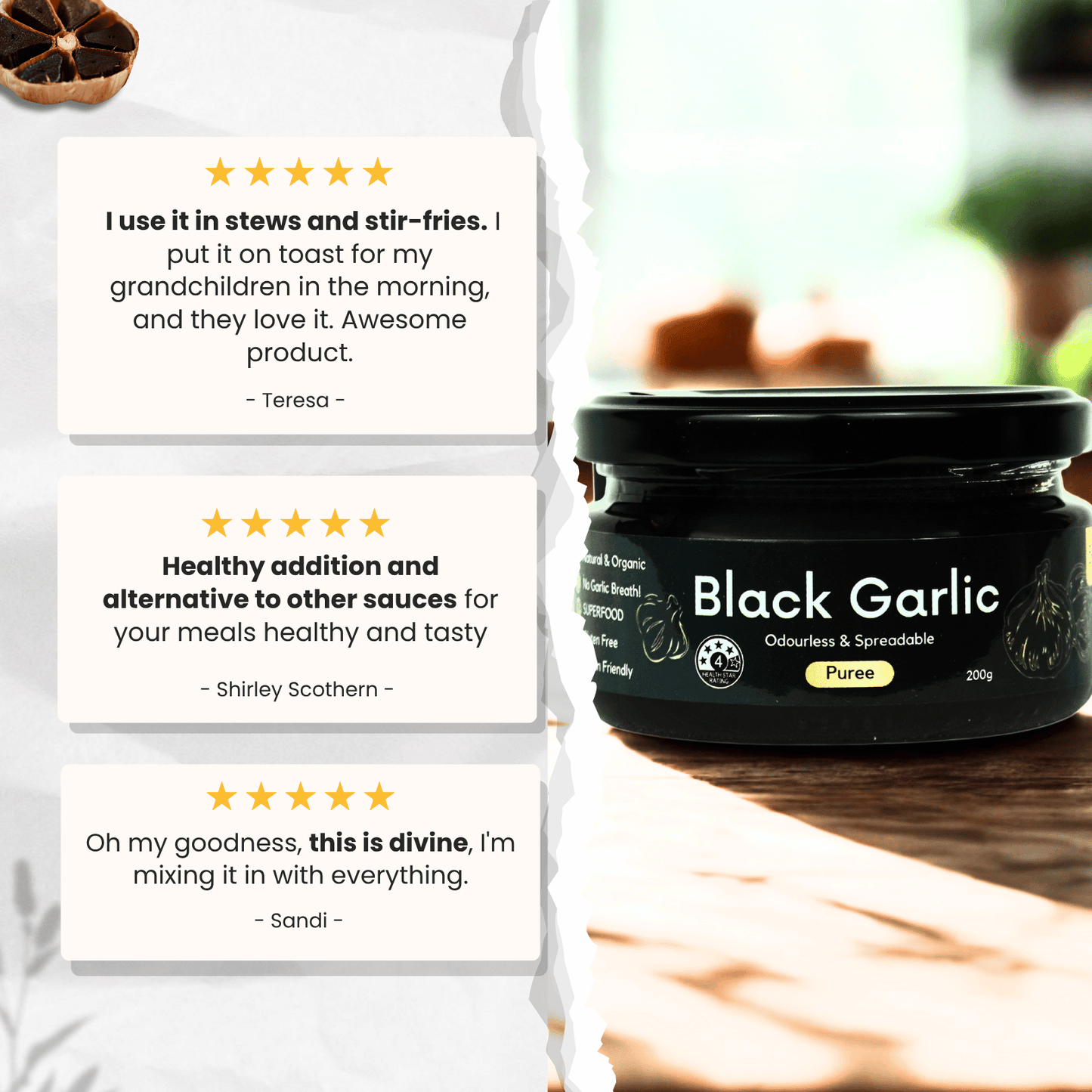 Jar of black garlic puree with customer reviews on a wooden surface