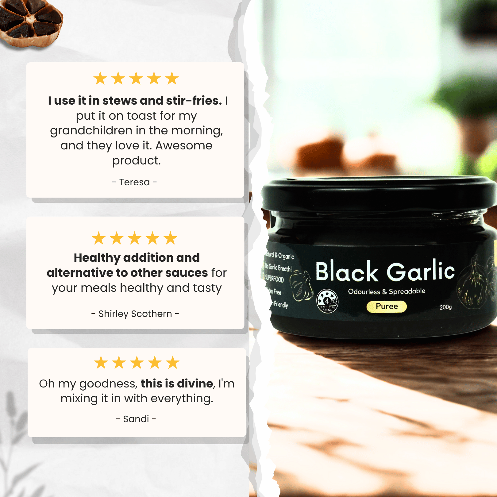 Jar of black garlic puree with customer reviews on a wooden surface