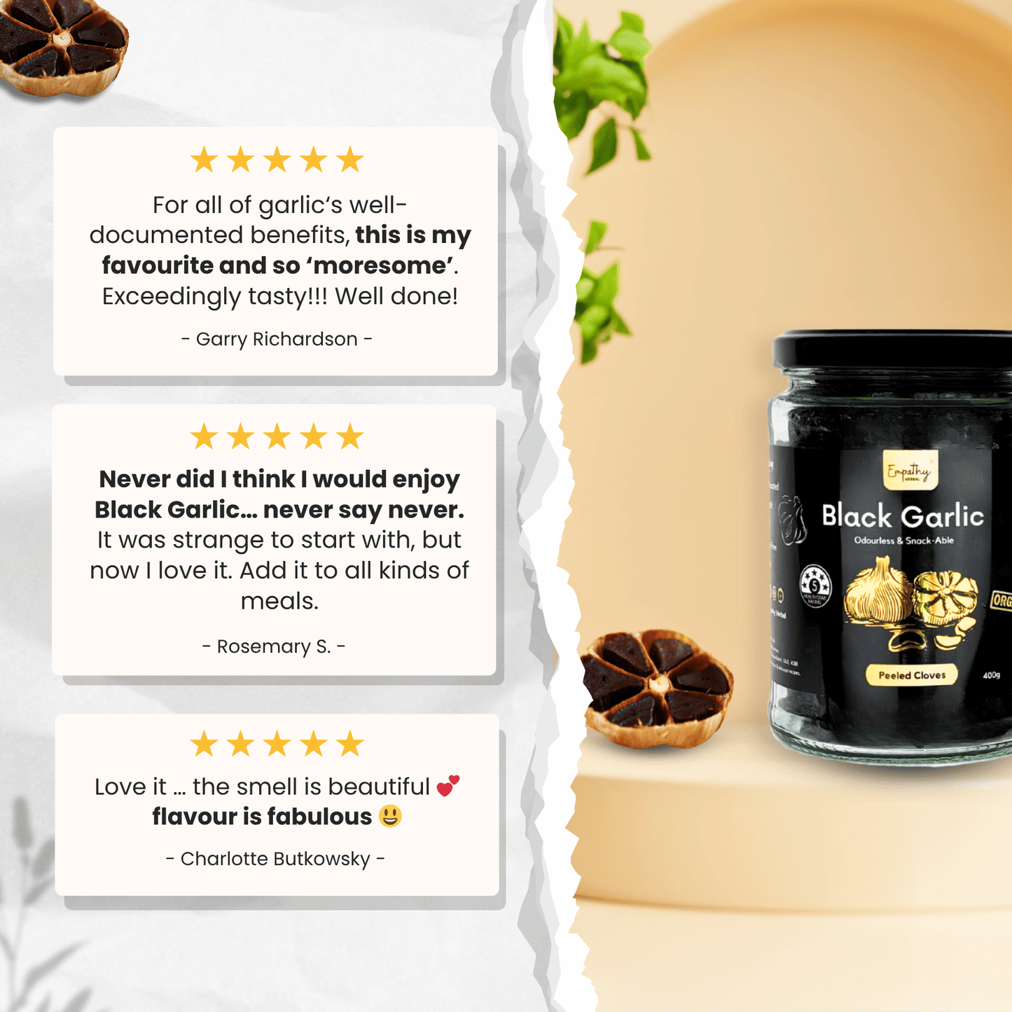 Jar of black garlic with customer reviews and garlic slices on a light background