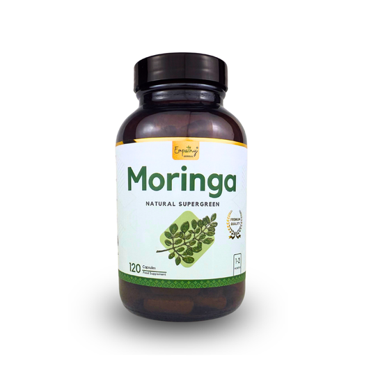 A bottle of Moringa Natural Supergreen dietary supplements, containing 120 capsules, on a clean white background.