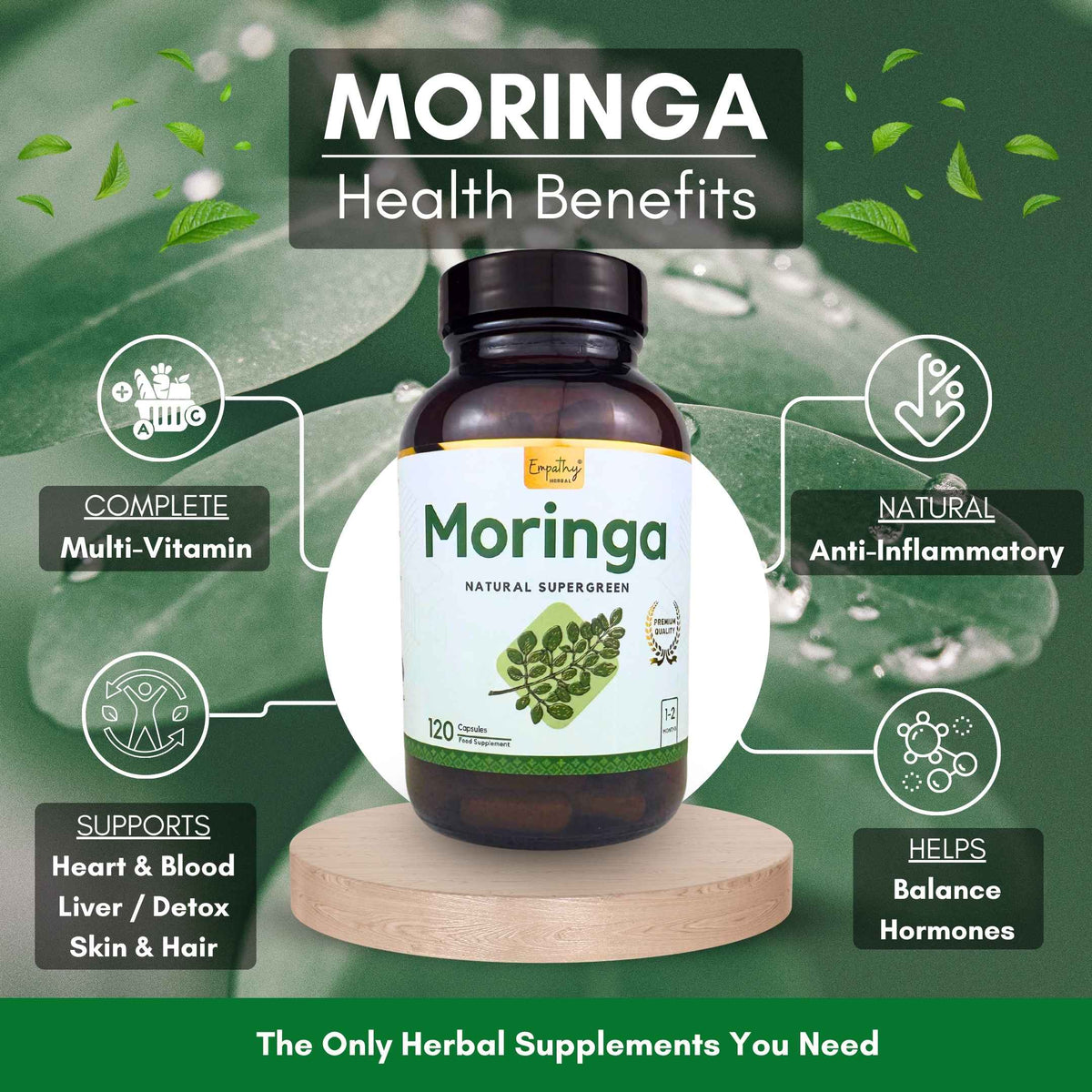 A bottle of Moringa Natural Superfood supplement displayed on a wooden pedestal against a green leafy background with text highlighting health benefits.