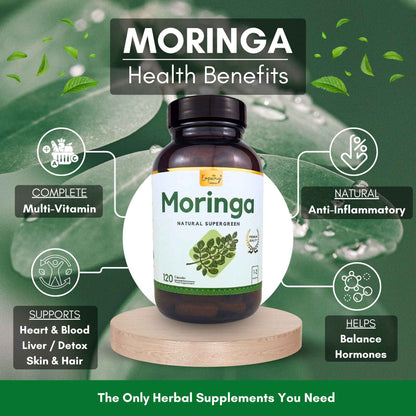 A bottle of Moringa Natural Superfood supplement displayed on a wooden pedestal against a green leafy background with text highlighting health benefits.