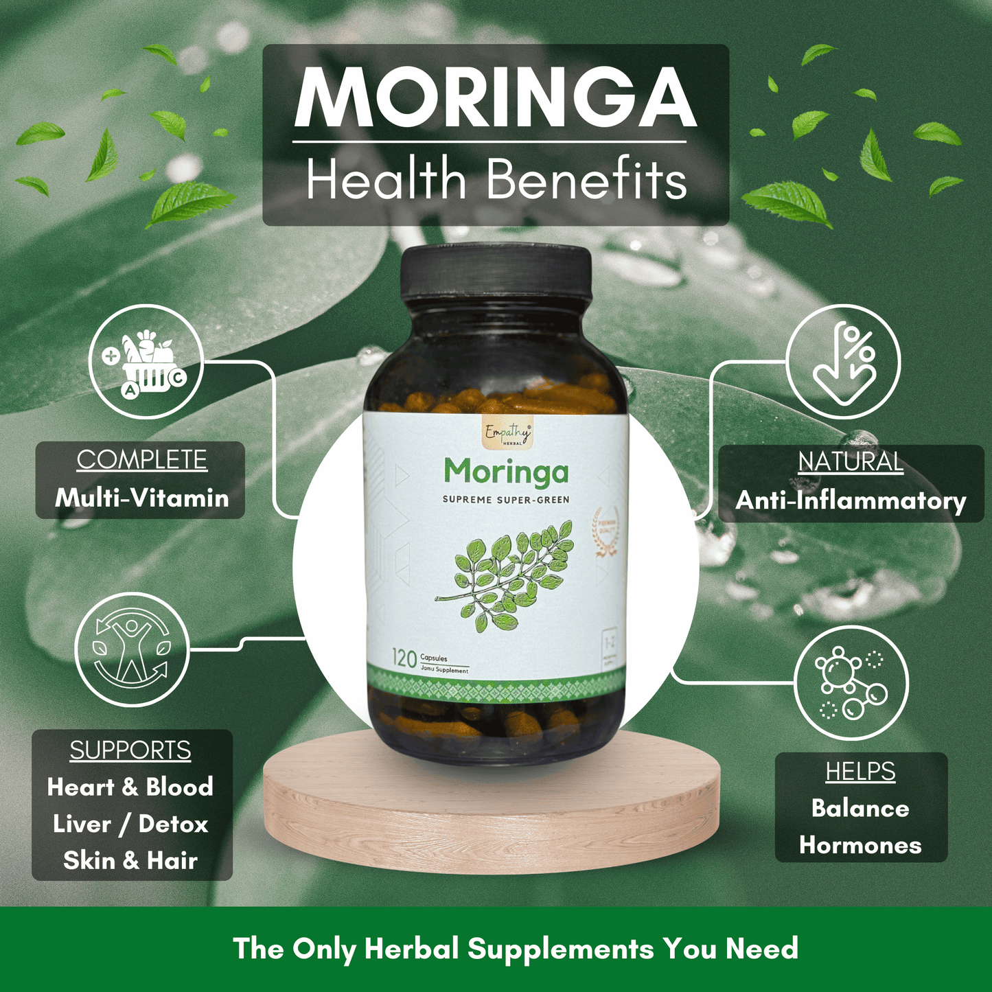 Moringa supplement bottle with health benefits on a green leafy background