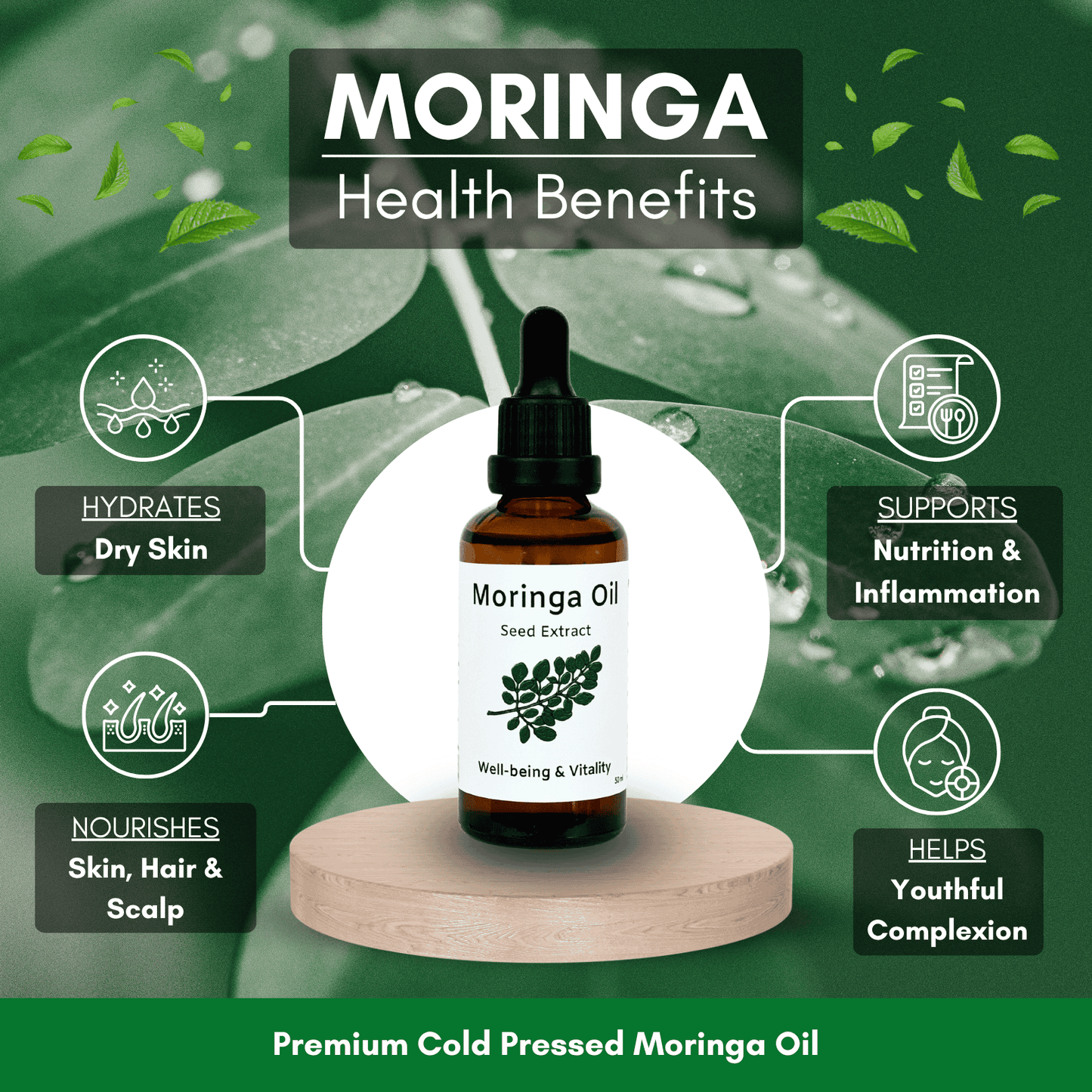 Moringa oil bottle with health benefits on a green background