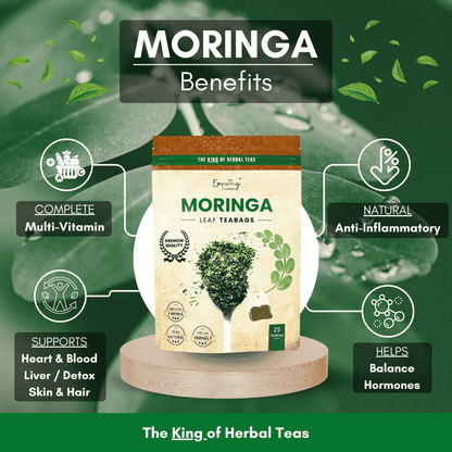 Moringa leaf teabags packaging with health benefits on a green leaf background