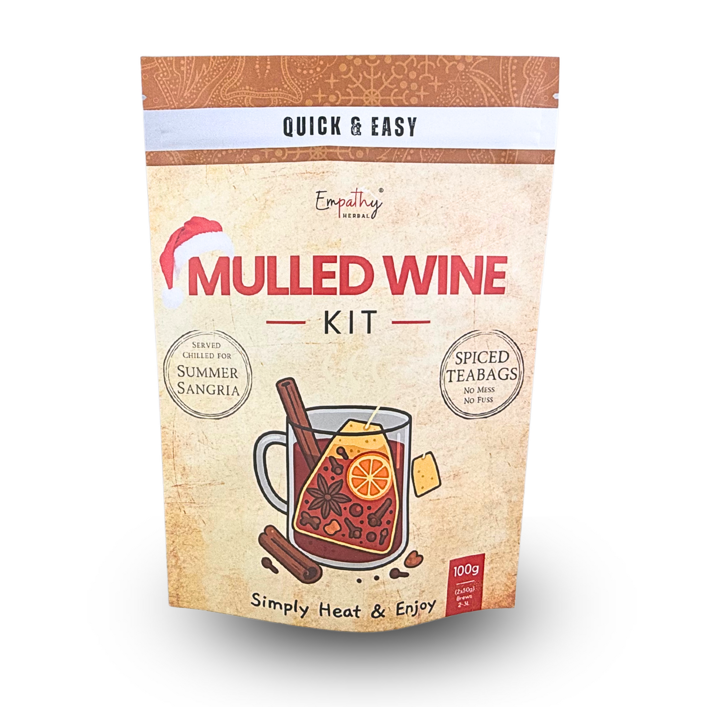 Mulled wine kit packaging with a mug illustration and text on a white background
