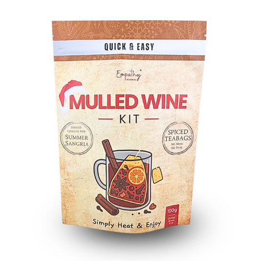 Mulled wine kit packaging with a mug illustration and text on a white background
