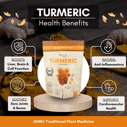 Turmeric powder package with health benefits text on a dark background